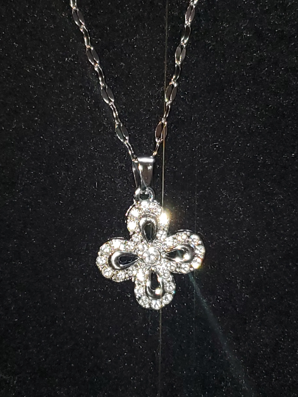 Sparkling Silver Floral Pendant Necklace - Clear Crystal Accent